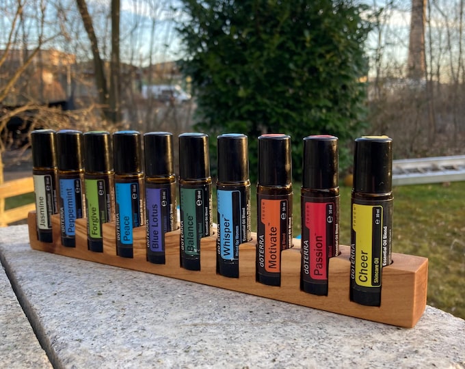 Single piece - stand for 10 Doterra oils RollOns Display for oil bottles Essential oils made of olive wood + glass vase