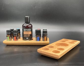 Display stand for doTERRA oils, wooden holder made of oak, for 8 x 5ml bottles of essential oils + fractionated coconut oil