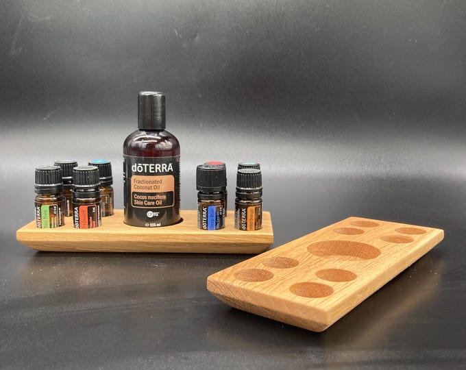 Display stand for doTERRA oils, wooden holder made of oak, for 8 x 5ml bottles of essential oils + fractionated coconut oil
