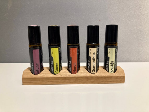 5-bottle oil organizer stand for e.g. doTERRA oils, wooden holder for 10ml essential oil bottles