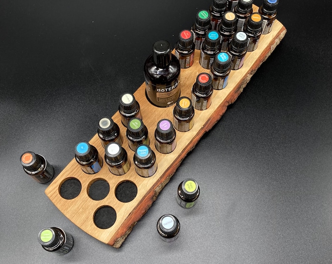 Unique piece with natural edge made of oak wood for doTERRA oils. Wooden holder for 24 oil bottles of 15ml essential oils + FCO.