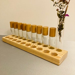 Pack of 20 oil organizer stands for Doterra oils, wooden holder for oil bottles, essential oils, 10 ml bottle holder + glass vase