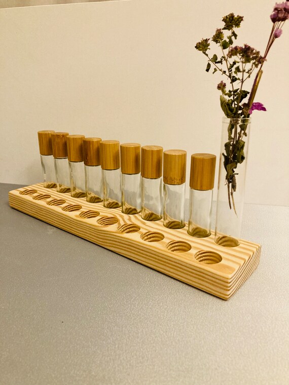 Pack of 20 oil organizer stands for Doterra oils, wooden holder for oil bottles, essential oils, 10 ml bottle holder + glass vase