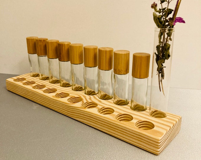 Pack of 20 oil organizer stands for Doterra oils, wooden holder for oil bottles, essential oils, 10 ml bottle holder + glass vase