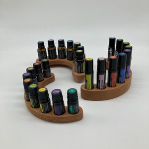 Display set for essential oils such as Doterra, for 10ml roll-ons, 5ml and 15ml bottles made of beech wood + glass vase