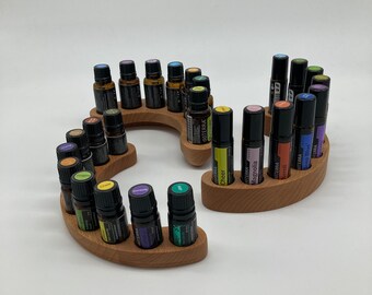 Display set for essential oils such as Doterra, for 10ml roll-ons, 5ml and 15ml bottles made of beech wood + glass vase