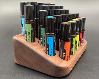 Beautifully curved display made of walnut for 27 oils RollOns 10ml stand for e.g. Doterra essential oils + glass vase