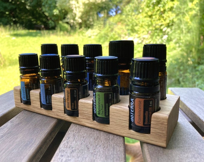 10 oils organizer stand for e.g. Doterra oils made of oak wood for 5ml oil bottles 23 mm diameter essential oils bottle holder