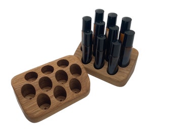 Essential oil stand made of oak wood for 10 roll-ons 22 mm diameter e.g. for Doterra oil bottles