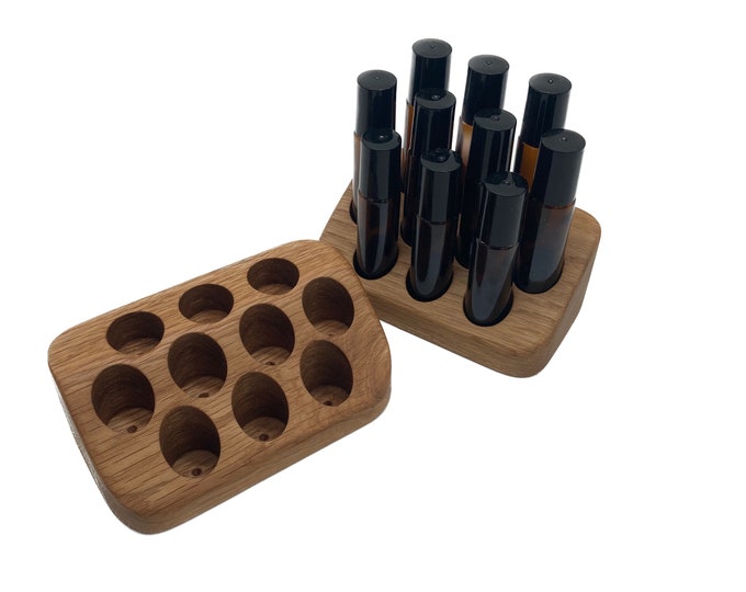 Essential oil stand made of oak wood for 10 RollOns 22 mm diameter e.g. for Doterra oil bottles