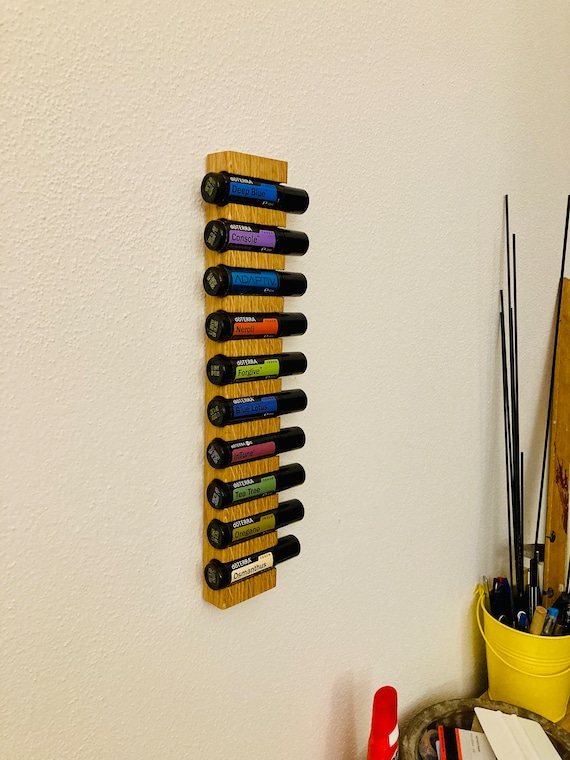 10-piece wall shelf for e.g. Doterra AromaTouch RollOns Essential Oils 10ml bottle holder