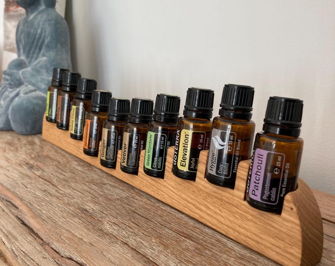 10-piece display made of finest oak wood for e.g. doTERRA oils. Wooden holder for oil bottles. 15ml display for essential oils.