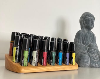 Beautifully curved cherry wood storage box for 37 oil roll-ons (10ml display), suitable for e.g., doTERRA essential oils.
