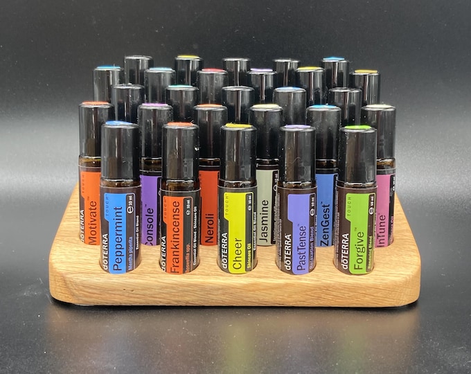 Beautiful oak wood holder for 27 oil roll-ons (10ml), suitable for e.g. doTERRA essential oils.