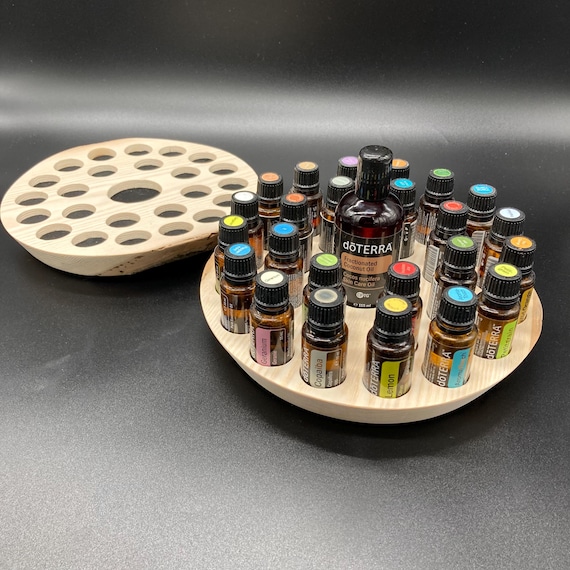 Round display stand for e.g. 24x15ml doTERRA oil storage bottles. Essential oils made of ash wood with some natural bark, untreated.