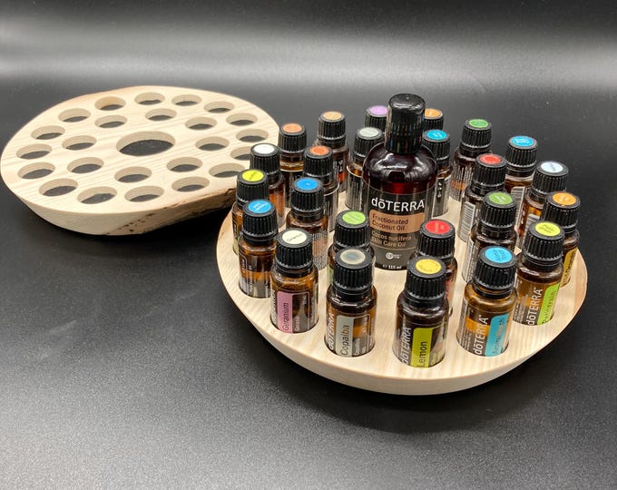 Round display stand for e.g. 24x15ml doTERRA oil storage bottles. Essential oils made of ash wood with some natural bark, untreated.