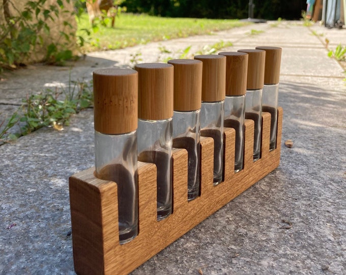 Set of 7 oil organizer stands for Doterra oils, wooden holder for oil bottles, essential oils, 10 ml bottle holder + glass vase