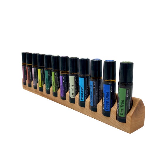 Unique cherry wood 12-bottle oil organizer stand for doTERRA essential oil bottles (10ml bottle holder + glass vase)
