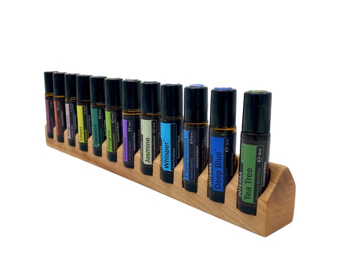 Unique piece made of cherry wood 12 oils organizer stand for Doterra for oil bottles essential oils 10ml bottle holder + glass vase