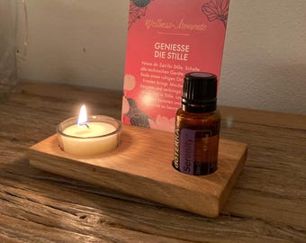 Display for affirmation card or tarot card, tealight in a glass, oil of the day e.g. from Doterra made of oak wood + 3 tealights