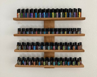 Multi oil wall shelf - display for essential oil bottles such as Doterra - wooden stand for 54+31+31 oil bottles made of oak wood