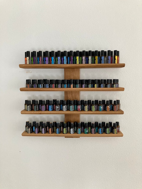 Wooden wall shelf - display for essential oil bottles - handcrafted oak shelf for brands such as doterra, Young Living, and Primavera.