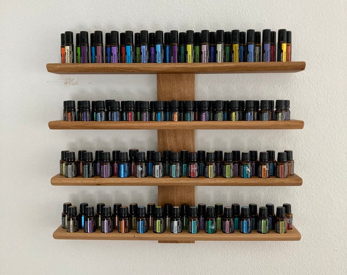 Multi oil wall shelf - display for essential oil bottles such as Doterra - wooden stand for 54+31+31 oil bottles made of oak wood