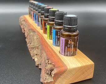 Unique piece with natural edge made of oak wood for doTERRA oil storage, for 10 x 15ml essential oil bottles.