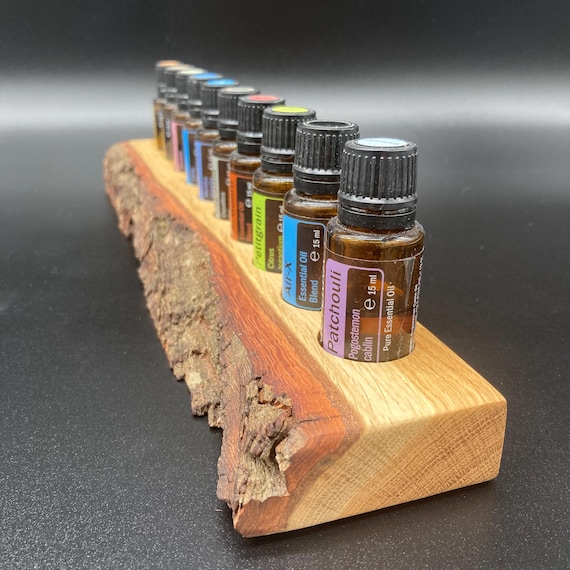 Unique piece with natural edge made of oak wood for doTERRA oil storage, for 10 x 15ml essential oil bottles.