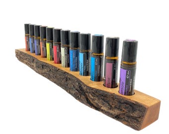 Unique 12-piece oil organizer - e.g. for Doterra oils Display made of olive wood for RollOns Essential Oils 10ml with bark