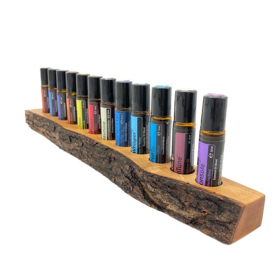 Unique 12-piece oil organizer - e.g. for Doterra oils Display made of olive wood for RollOns Essential Oils 10ml with bark