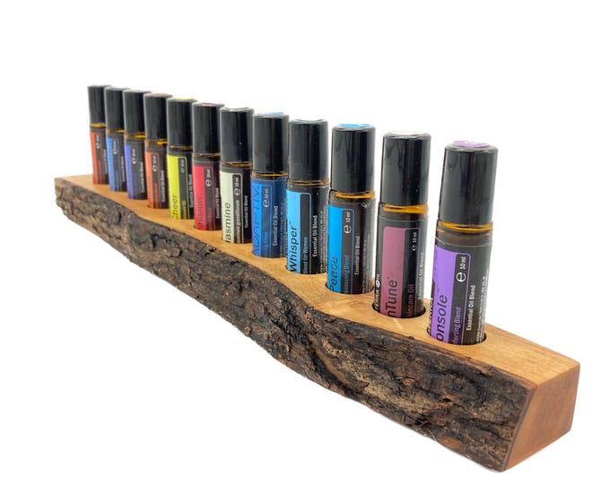 Unique 12-piece oil organizer - e.g. for Doterra oils Display made of olive wood for RollOns Essential Oils 10ml with bark