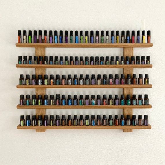 Multi-oil wall shelf - display for e.g. doTERRA wooden stand for 66+26+26 oil bottles of essential oils made of oak wood