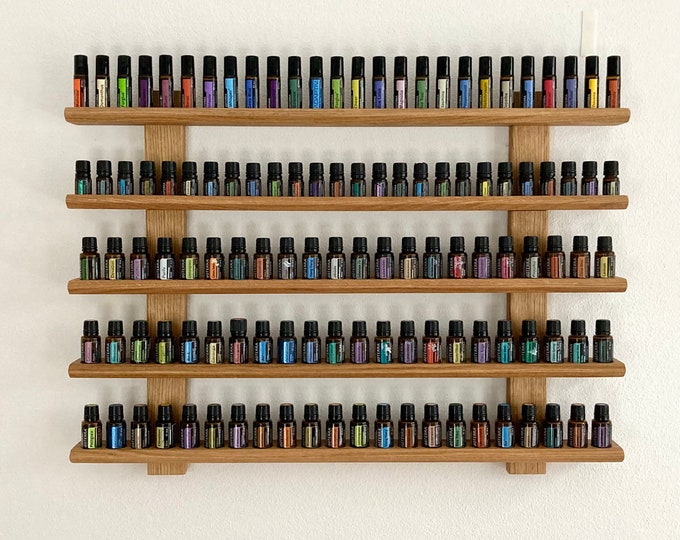 Multi oil wall shelf - display for e.g. DoTERRA wooden stand for 66+26+26 oil bottles of essential oils made of oak wood