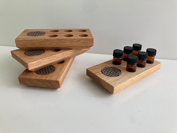 Display stand for 6 sample bottles 2ml with lasered flower of life - wooden holder for e.g. Doterra oil bottles Essential oils made of oak wood