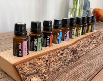 Unique piece with natural edge made of ash wood for doTERRA oil storage, holds 10 x 15ml essential oil bottles.
