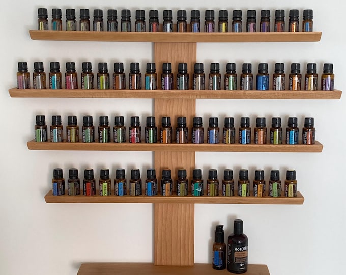 Oil wall shelf - storage for essential oil bottles such as doterra or Young Living. Display for 54 + 20 oil bottles made of beech wood.