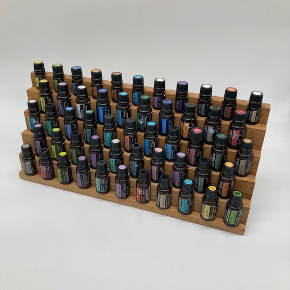 Multi-oil shelf display for e.g. doTERRA, wooden stand for 42+11 essential oil bottles, oak wood