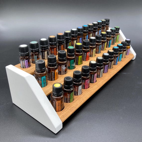 Storage essential oils display for e.g. DoTERRA wooden stand, shelf for 24 oil bottles 15ml + 14 oil bottles 5ml in oak wood