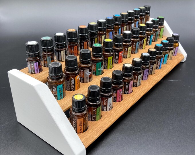 Storage essential oils display for e.g. DoTERRA wooden stand, shelf for 24 oil bottles 15ml + 14 oil bottles 5ml in oak wood