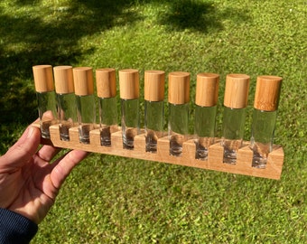 Pack of 10 oil organizer stands for Doterra oils, wooden holder for oil bottles, essential oils, 10 ml bottle holder + glass vase
