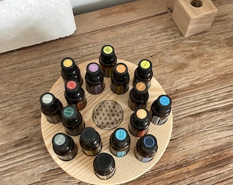 Round oil storage stand with Flower of Life (laser-engraved) for 16 x 15ml bottles, e.g., for doTERRA oils. Made of ash wood.