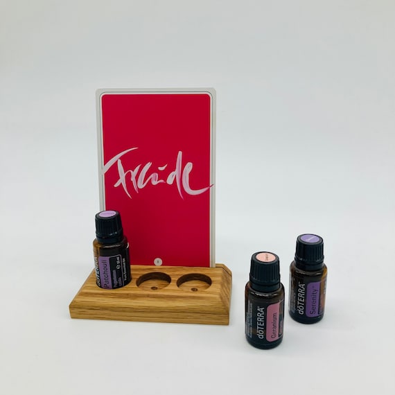 Display for affirmation cards or tarot cards, oils of the day, e.g., from DoTerra. Made of oak wood.