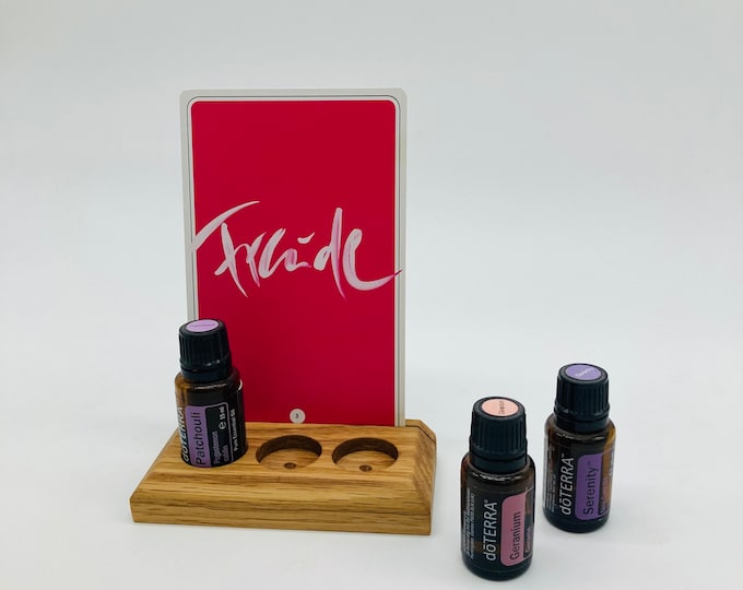 Display for affirmation card or tarot card, oils of the day e.g. from Doterra. Stand made of oak wood