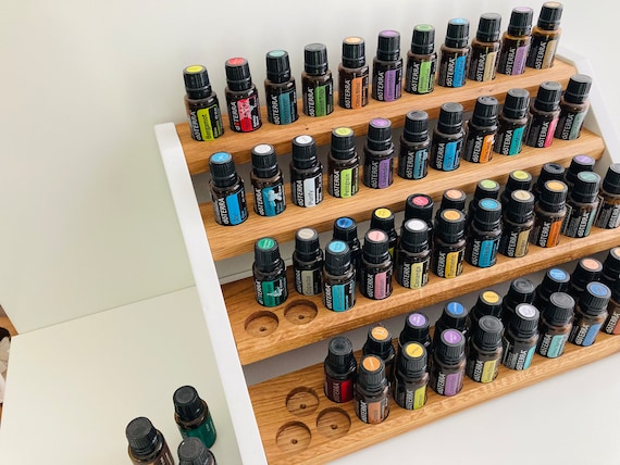 Large grandstand oil shelf display for e.g. doTERRA, wooden stand for 64 essential oil bottles made of oak wood