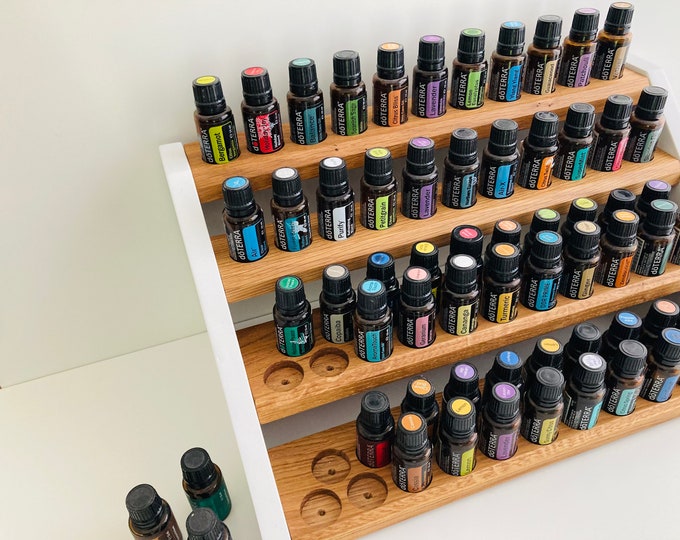 Large grandstand oils shelf display for e.g. DoTERRA wooden stand for 64 oil bottles essential oils made of oak wood