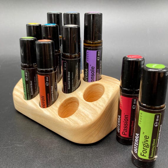 Essential oils stand made of beautiful real ash wood for 10 roll-ons 22 mm diameter e.g. for Doterra oils bottles