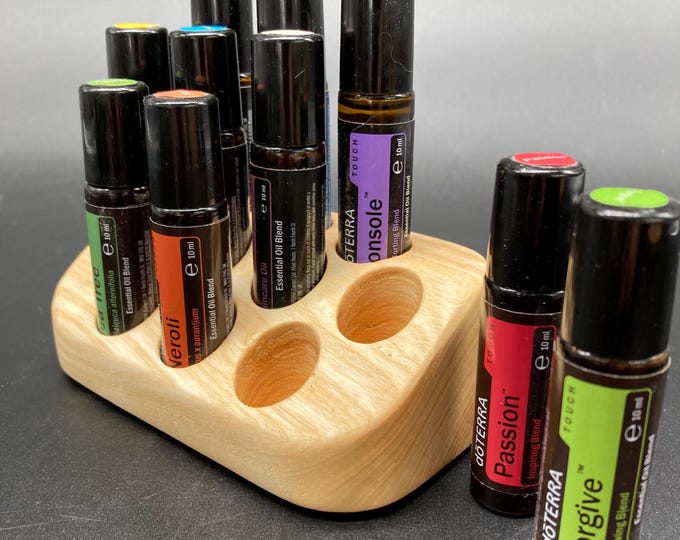Essential oils stand made of beautiful real ash wood for 10 roll-ons 22 mm diameter e.g. for Doterra oils bottles