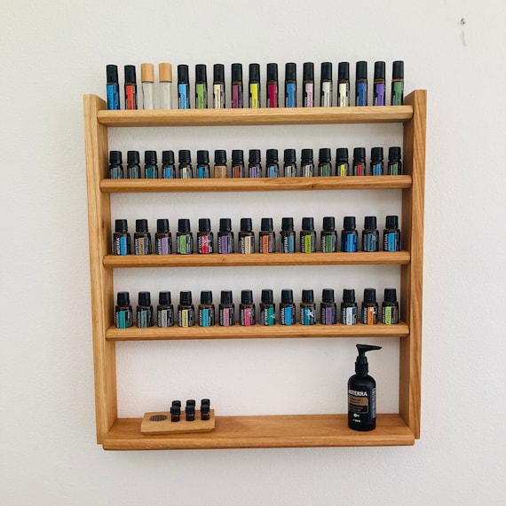 Multi-oil wall shelf - display for e.g. doTERRA wooden stand for essential oil bottles, oak or beech wood
