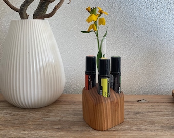 Oils Organizer Stand for 4 Doterra Oils Roll Ons Wooden Holder for Oil Bottles Essential Oils Unique Piece Made of Cherry Wood + Glass Vase